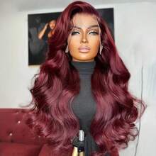 13X4 Free Part Ombre Pink Body Wave Synthetic Lace Front Wigs For Women 28 Inch Long Wavy Hair Wigs Glueless Soft Pink Ombre Colored Wigs Heat Resistant Christmas Wig Natural Long Wave Lace Front Wigs For Daily Party Cosplay Use - 酒紅色 - 查看 2