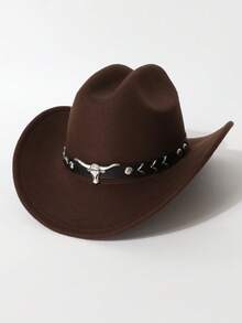 1 件男女通用西部风格牛仔帽，公牛 PU 皮革装饰，复古牛仔帽适合西部派对、酒吧、化装舞会、聚会和日常穿着 - 彩色 - 查看 4