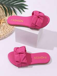 1双幼儿/小童玫红色平底沙滩凉鞋，柔软PU波浪荷叶边鞋带，圆头设计，防滑软底，套脚款式，时尚可爱，适合女童日常、海滩、度假、派对等场合，2026春夏款 - 玫紅色 - 查看 6