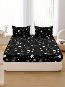 Set de 3 piezas que incluye 1 sábana ajustable con estampado de estrellas fugaces, 2 fundas de almohada, protector de colchón y cubierta de colchón para cama, suave y transpirable, para cama individual, doble, king y queen con bolsillo profundo de hasta 30 cm. Textil para el hogar.