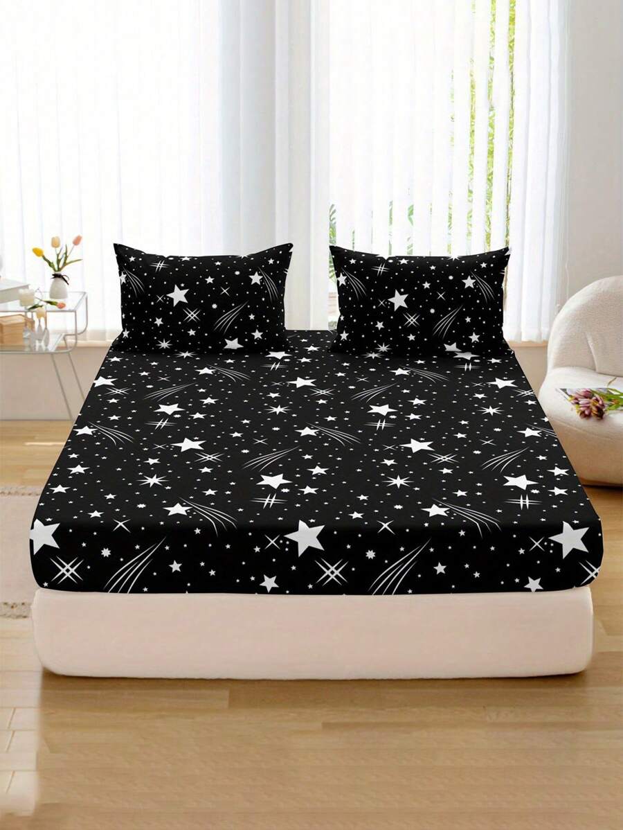 Set de 3 piezas que incluye 1 sábana ajustable con estampado de estrellas fugaces, 2 fundas de almohada, protector de colchón y cubierta de colchón para cama, suave y transpirable, para cama individual, doble, king y queen con bolsillo profundo de hasta 30 cm. Textil para el hogar.