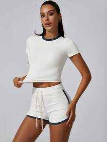 NcmRyu 1套抽绳腰部撞色塑身短袖短裤运动套装