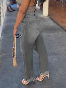 New Style Basic Women Loose Distressed Straight Leg Jeans - Grey - View 4