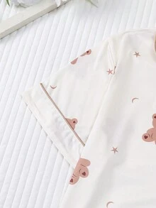 2件組女款睡衣套裝，熊圖案，女款居家服，春夏度假穿搭，短袖上衣與短褲套裝 - 白色 - 查看 6