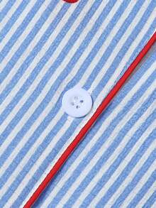 Conjunto de pijama de top de manga corta con estampado de rayas y corazones y shorts para mujer, color azul claro fresco - Azul - Ver 5