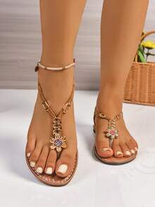 新款春夏时尚女士拖鞋，时尚休闲罗马风格一脚蹬凉鞋，黑色、米色、棕色，纯色编织舒适沙滩凉鞋，博主推荐厚底凉鞋，夏季沙滩鞋，优雅扣环低跟圆头拖鞋，防臭防滑面料串珠装饰简约户外拖鞋，百搭平底一脚蹬女士平底凉鞋 - 棕色 - 查看 5