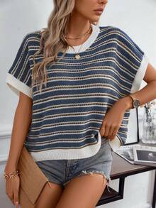 Women's Casual Commute Knit Striped Sleeveless Hollow Round Neck Regular Loose Tank Top, Butter Yellow Basic Summer Apparel (Pattern Randomized) - Blue - View 4