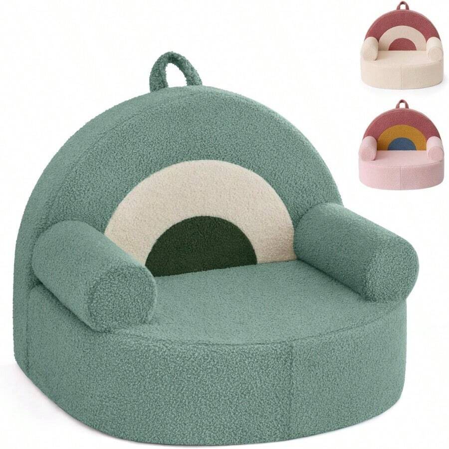 Blissful Diary Toddler Chair Comfy, Foam Kids Chair With Soft Teddy Plush, Toddler Reading Armchair With Cute Rainbow Designs- Blush Pink - Cây xô thơm xanh - Xem 1