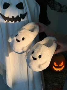 XIXITIAO 1 para unisexowych, uroczych, białych, pluszowych kapci z motywem duchów, wsuwane, zabawne kapcie bez podeszwy dla par, odpowiednie na jesień/zimę, Boże Narodzenie i Nowy Rok