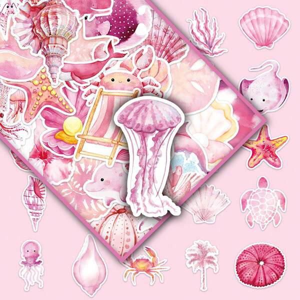 50pcs Cute Pink Ocean Doodle Coral Shell Simple Creative Scrapbooking Decorative Stickers, School Supplies,Back To School