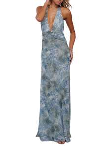 Womens Boho Floral Print Halter Maxi Bodycon Dress Summer Sexy Backless Flowy Long Dresses Beach Vacation Sundress - 藍色 - 查看 4