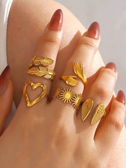 5 件/套 18K 镀金不锈钢太阳翼、叶子、心形开口戒指，适合女性日常佩戴