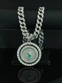 1pc Rotatable Jesus Pendant Necklace + 1pc Green Oil Drop Jesus Bracelet Set, Stylish Hip Hop Gift For Men, Suitable For Daily Wear