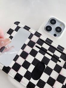 1 件奢华高端仿皮钱包手机壳适用于 16 16e 15 14 Plus 13 12 11 Pro Max 荔枝纹适用于三星 Galaxy Pixel 小米 Redmi 防水防震防摔防刮 - 白色+格子 - 查看 4