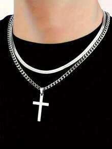 2 件不锈钢十字架和几何吊坠项链套装，时尚百搭街头风格，特别的生日礼物 - 銀色 - 查看 4