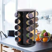 Plateau tournant à épices, carrousel à pots à épices, plateau tournant à épices, conteneurs de stockage d'épices, rond, noir, acier inoxydable (16/20 pots) Support à épices rotatif à 360 °, organisateur avec 16 pièces et 20 pots, autoportant, rangement en acier inoxydable pour cuisine, noir.