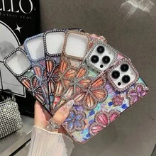 复古简约个性化3D油画花卉电镀钻石闪粉TPU手机壳，兼容 14、14 Pro、14 Plus、14 Pro Max、15、15 Pro、15 Pro Max、16、16 Pro、16 Plus、16 Pro Max - 銀色 - 查看 3