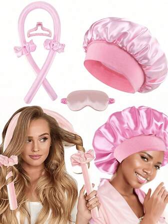 6pcs Set Includes: No Heat Hair Curler, Satin Sleep Cap, No Heat Hair Band, Hair Claw Clips, Hair Rings,Sleep Eye Mask,Soft Sleep Cap, Comfortable Hair Waver, Flexible Styling Tools For Wavy & Curly Hairstyles, Ideal Gift For Mom Or Girlfriend, Hair Styling, Hair Stuff ,Hair Accessories