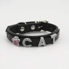 Colour Blocking Heart With Diamonds And Letters Cute Cat Collar PU Leather Pet Collar, Multiple Sizes, Simple Flat Collar, Multi-Colour, Suitable For Cats & Dogs