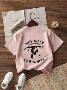 Tween Girls Gymnast Print Round Neck Short Sleeve T-Shirt, Summer Top - Pink - View 6