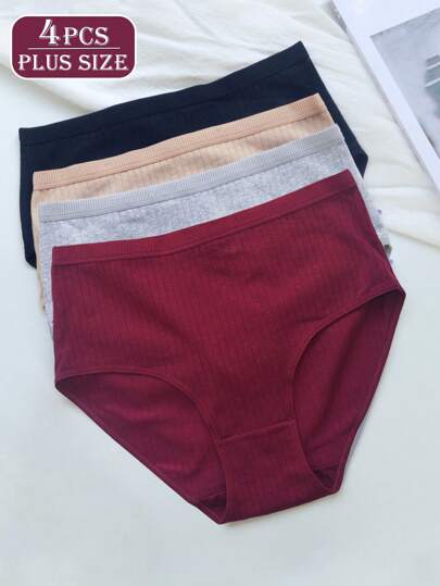 4pcs Pack Plus Size Women High Waist Solid Color Underwear, High Stretch Breathable Skin-Friendly Full Coverage Daily Briefs, All Season