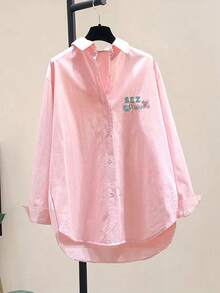 Áo sơ mi polyester in chữ hình động vật, cúc bất đối xứng, kiểu dáng dễ thương, thích hợp mặc hàng ngày và các dịp lễ hội, màu hồng cho mùa xuân/hè/thu/đông. - Hồng - Xem 2