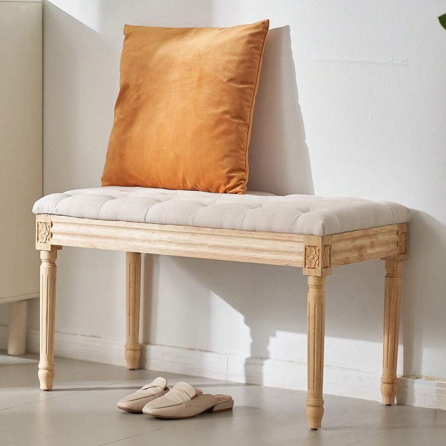 KOMHTOM Banco tapizado, otomana de 40 cm de ancho, reposapiés con relleno de espuma y patas de madera de caucho, banco para zapatos, reposapiés acolchado, banco de entrada para comedor, sala de estar, dormitorio y pasillo, beige
