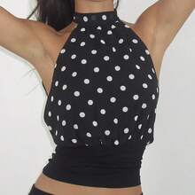 Women's Summer Halter Tank Tops Dot Print Sleeveless Backless Tie-Up Slim Fit Vest - 黑色 - 查看 3