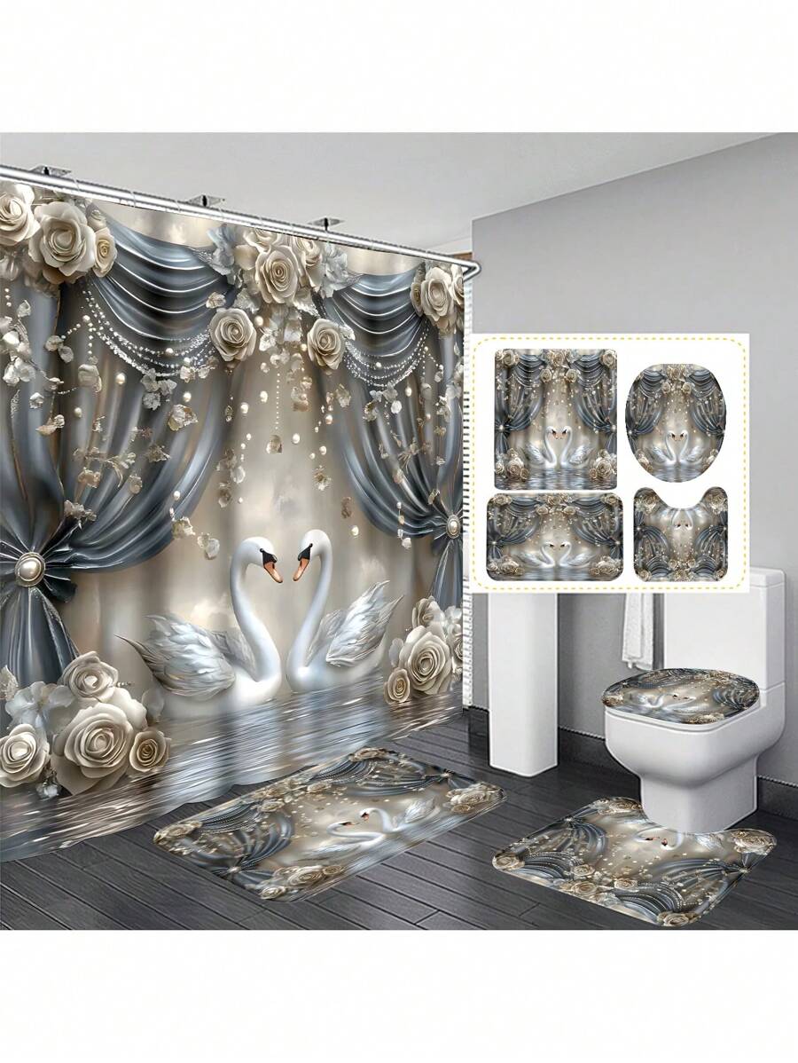 1 pièce/4 pièces Rideau de douche décoratif avec cygne gris sur scène, avec crochets multiples. Ensemble de salle de bain comprenant le rideau de douche, le tapis de sol antidérapant, le tapis en U pour toilette, le tapis de couvercle de toilette, la décoration de chambre, la décoration de la maison, la décoration et les accessoires de salle de bain, un cadeau parfait pour la rentrée scolaire