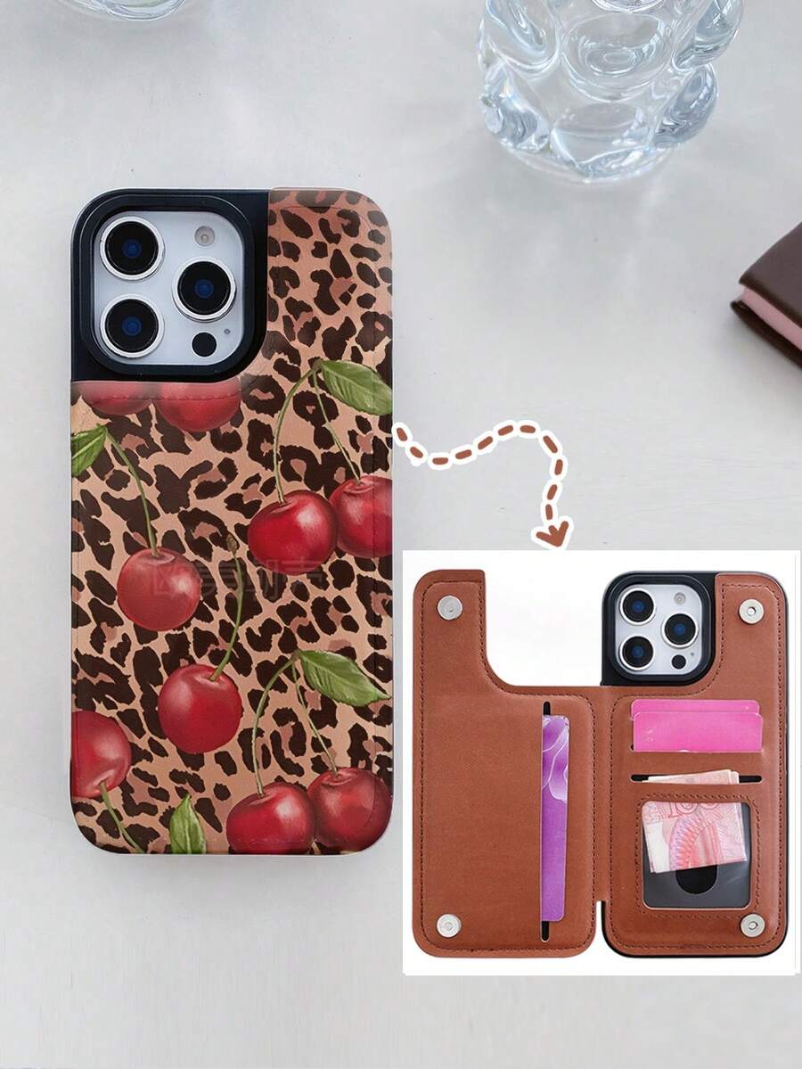 1pc Cherries, Leopard, Leaves Pattern Card Holder Mobile Phone Case, Leather Mobile Phone Case, Wallet Mobile Phone Case, Multifunctional Mobile Phone Case That Can Store Credit Card, Bank Card And Coins, Suitable For All Models Of Apple Mobile Phones, Can Be Used For Apple 11/12/13/14/15/16/Pro/Plus/Pro Max/16e Mobile Phone Case - 棕色 - 查看 1