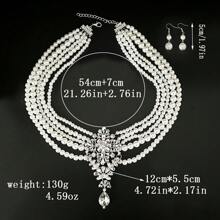 1 Set elegantes koreanisches Stil funkelndes Strass- & Perlen-Mehrschicht Halsketten- & Ohrringe Set, luxuriöser Retro Formeller Kleid Schmuck für Bühne, Party, Feiertage, Alltag