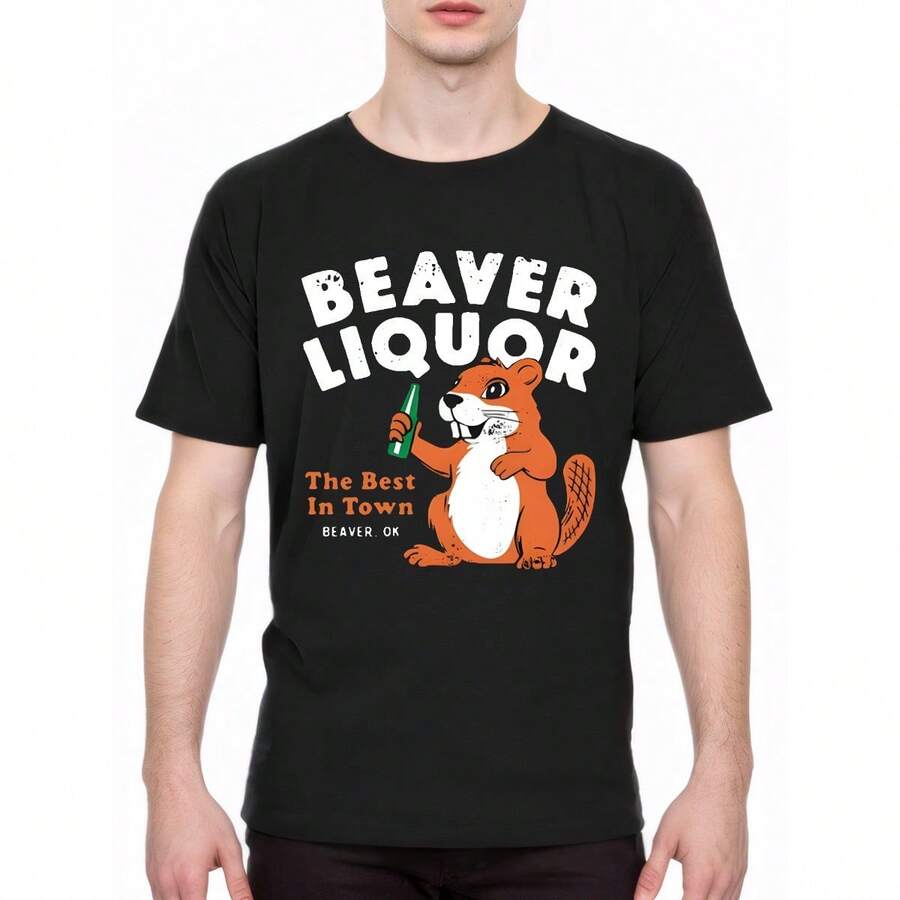 New Fashion Beaver Liquor T-Shirt Simple Style Tee Fashion T-Shirt, Men's Soft Short Sleeve, Casual Comfy Breathable, Top For Holiday Leisure Vacation - màu đen - Xem 1