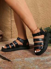 Women's Minimalist Thick Sole Sandals With Strap Square Buckle, Plus Size Mom Casual Sandals, Student Soft Sole Comfortable Platform Design Open Toe Flat Shoes, Summer Retro Elegant Versatile Casual Beach Comfortable Sporty Workwear Style Fashion Outing - Black - View 9