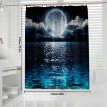 1 pièce/4 pièces Ensemble de salle de bain motif lac sous clair de lune avec rideaux de douche multifonctions (12 crochets), tapis de bain, tapis en U, housse de siège de toilette ronde, adapté à tous les scénarios, rentrée scolaire