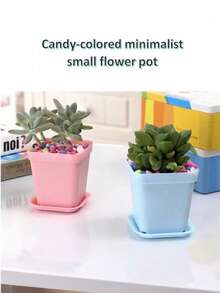 [休闲风格] 方形塑料花盆带托盘方形塑料带排水孔适用于室内和室外休闲风格方形植物育苗盆，多色小型移栽花盆适用于室内室外、多肉植物、办公室家庭花园和阳台装饰