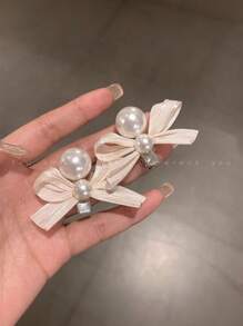 Set de 4 pinzas para el pelo con lazo blanco y rosa, pinzas laterales con perlas para niñas, accesorios para el cabello