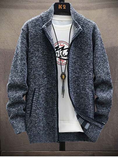 1pc Men Stand Collar Knit Cardigan Sweater, Autumn/Winter New Casual Stand Collar Jacket Coat For Men, Versatile & Stylish With Thermal Lining