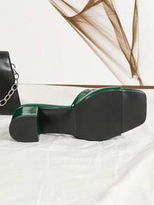 2025 优雅绿色女士高跟鞋，夏季时尚优雅女士高跟凉鞋，简约一脚蹬粗跟方头穆勒鞋，亮面女鞋 - 綠色 - 查看 7