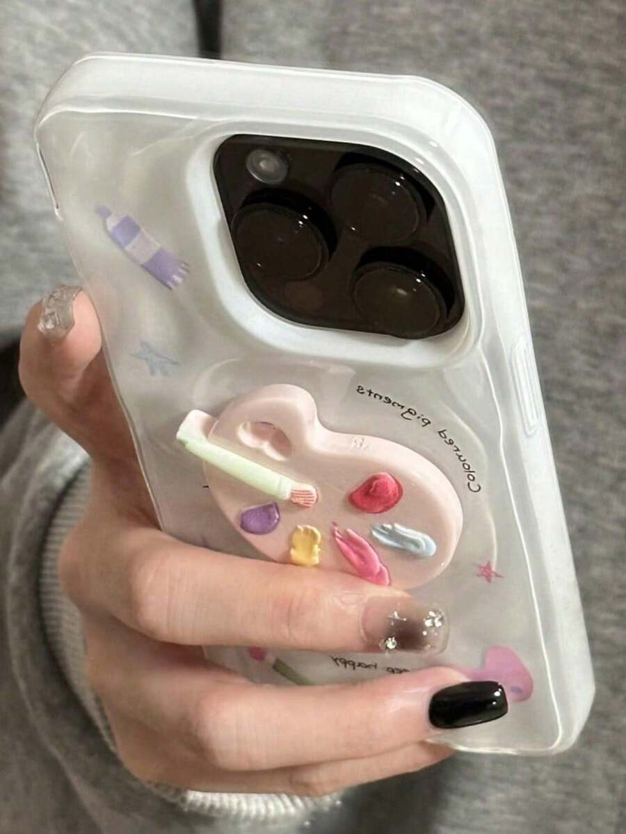 Cute Creative 3D Concave Convex Colorful Palette Phone Case Compatible With IPhone 15 16 Pro Max 14 Pro 13 Graffiti Wrinkle Pattern Back Cover - White - View 1