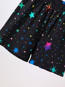 Girls' Summer Fashionable Cute Star & Unicorn Pattern Short Sleeve T-Shirt And Shorts Set, Suitable For Outdoor, Casual, Sports, Party