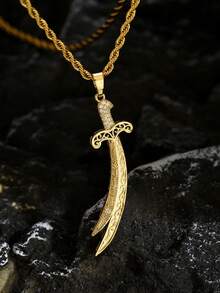 Holy Glory: Ali's Sword Retro Gold Chain - Islamic Civilization Collection Men's Necklace Arabian Legend - Ibn Abi Talib Sword Shaped Retro Men's Neck Ornament (Carved With Meteorite Patterns) Sword Retro Pendant Necklace - Gold - View 9