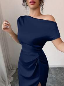 abyoxi Navy Blue Elegant Asymmetric Neckline Waist Handmade Ruched Satin Dress, Suitable For Dates, Birthday Parties, Weddings, Homecoming, New Women's Fashion - Navy Blue - View 3