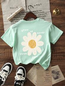 女孩和青少年休闲薄荷绿印花圆领短袖T恤，夏季上衣 - 薄荷綠 - 查看 3