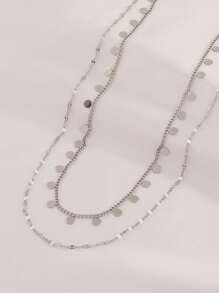 1pc Stainless Steel Round Tassel Pendant Necklace For Women Fashion Gold Color Double Layers Chain Necklace Jewelry Gift