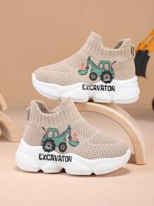 2025 New Cute Excavator Print Children & Teen Casual Fashionable Shock Absorbing Anti-Slip Breathable Lightweight Slip-On Outdoor/Indoor Walking Running Sports Sneakers