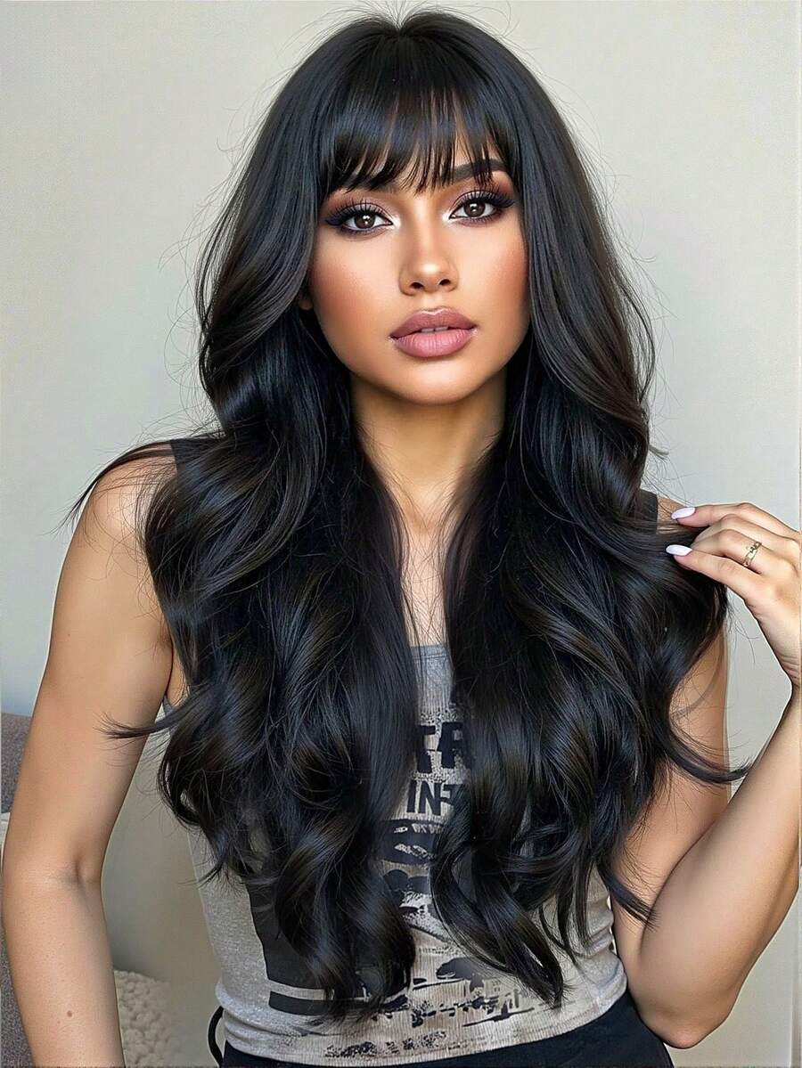 Hair Cube Length 26 Inches Natural Layered Long Curly Hair With Fringe Wig, Designed For Girls Beautiful Wig, Suitable For Women Festival Cosplay Friends Party Daily Wear Halloween Christmas Wig - 黑色 - 查看 1