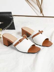 Fashion Colorblock Simple Slip-On Sandals, Women's Open Toe Square Toe Chunky Heel Sandals