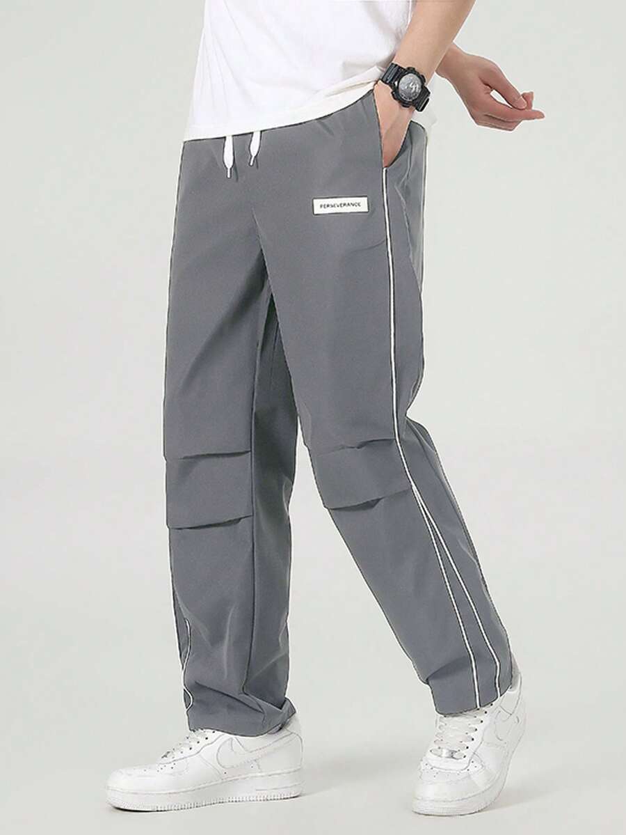 男士休闲直筒裤，褶皱抽绳设计，宽松学院风，适合所有季节 - 灰色 - 查看 1