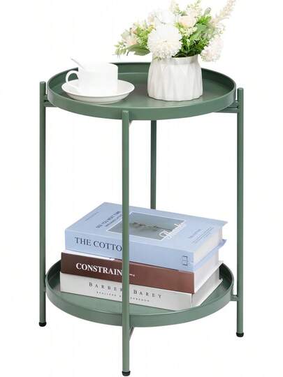 Mesa auxiliar redonda de 2 niveles, soporte plegable pequeño para exteriores con bandeja extraíble, mesa de metal antioxidante para balcón, patio, sala de estar, mesita de noche para