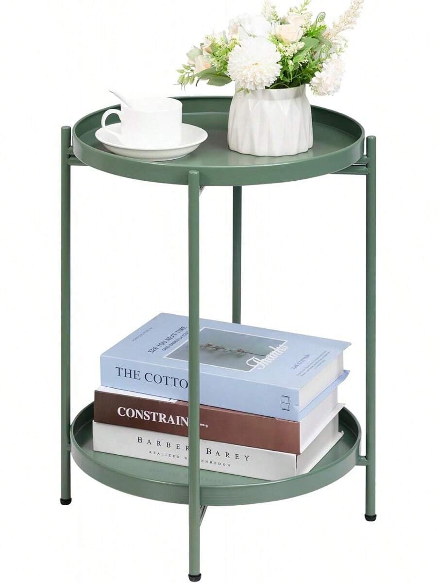 Mesa auxiliar redonda de 2 niveles, soporte plegable pequeño para exteriores con bandeja extraíble, mesa de metal antioxidante para balcón, patio, sala de estar, mesita de noche para - Azul Cian - Ver 1